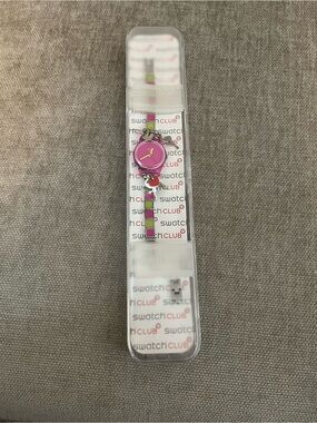 Swatch Club 1980s FLORIDA BREEZE Pink and Lime Green Charm Bracelet Watch, Rare!